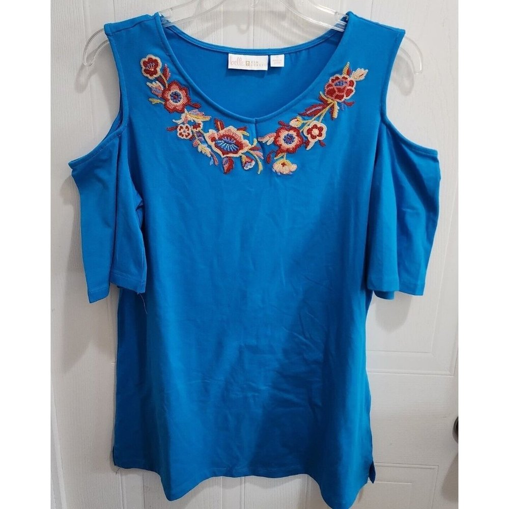 Belle by Kim Gravel Women's Short Cold Shoulder Top Floral Embroidery Blue Sz S